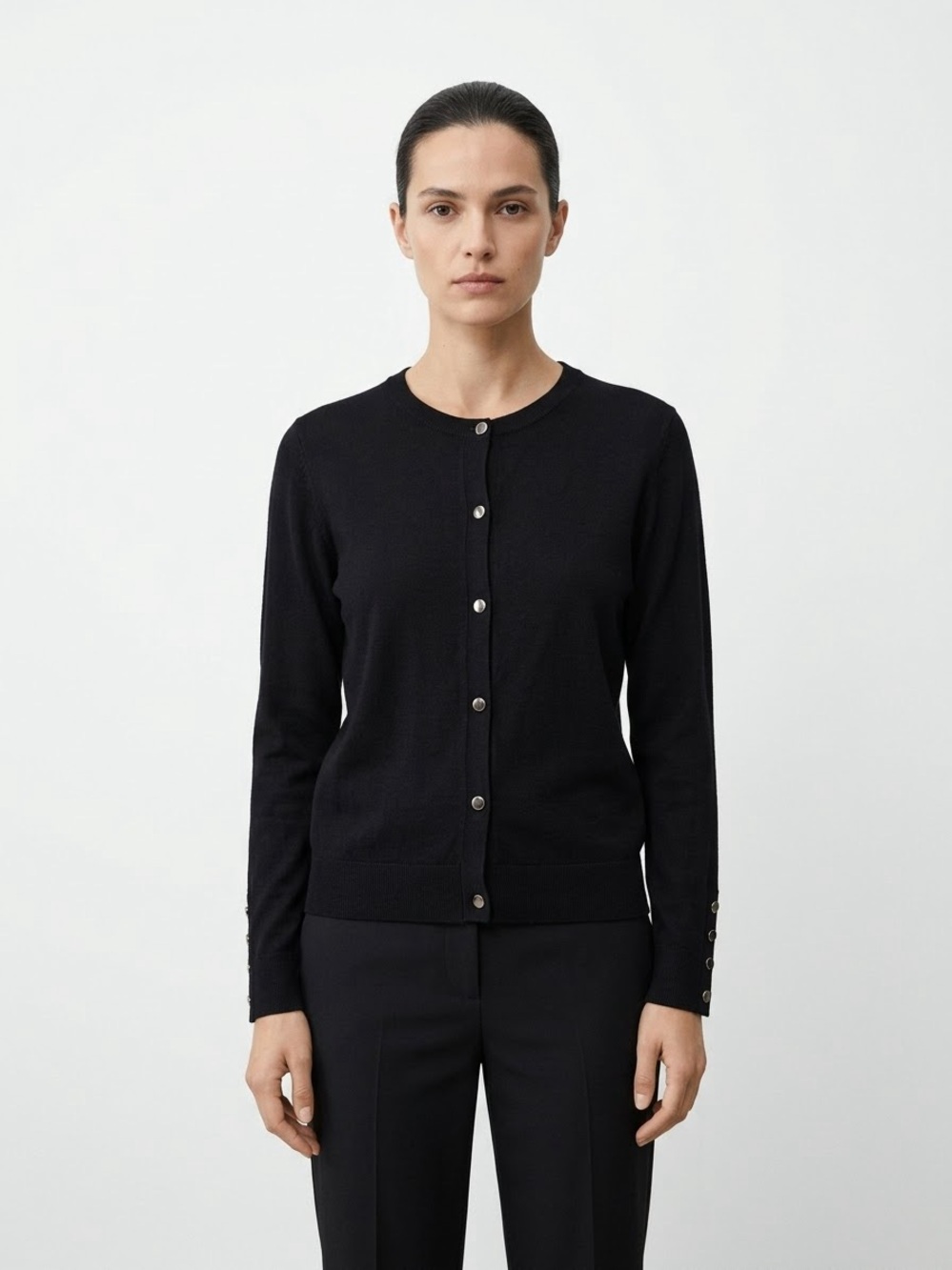 ZARA Knit Round Neck Cardigan Sweater Metal Snap Button Front Sleeve Detail